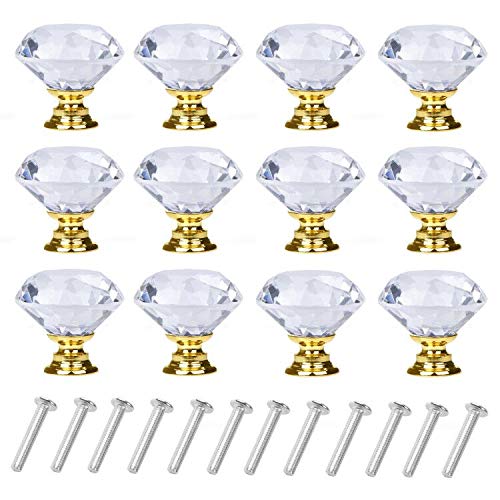 YourGift 12 Pack Drawer Knobs Diamond Shaped Crystal Glass 40mm Cabinet Knobs Pull Handles (40 mm, 12 Pack, Gold) - Image 1